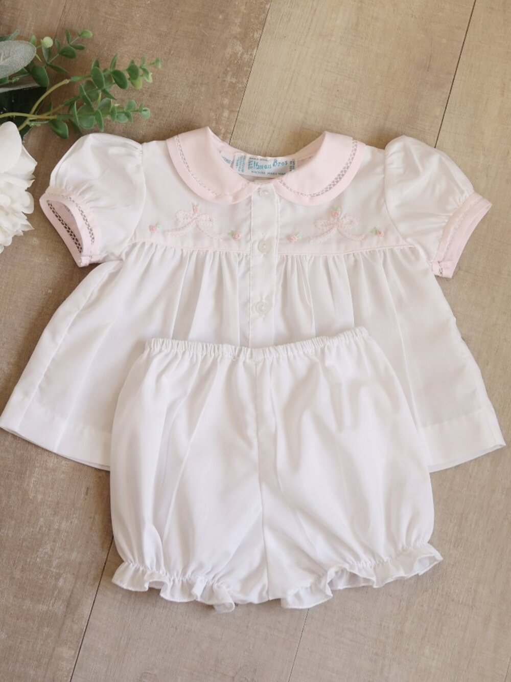 White and Pink Heirloom Diaper Set PR/ NewBorn Feltman Brothers Bow Embroidery